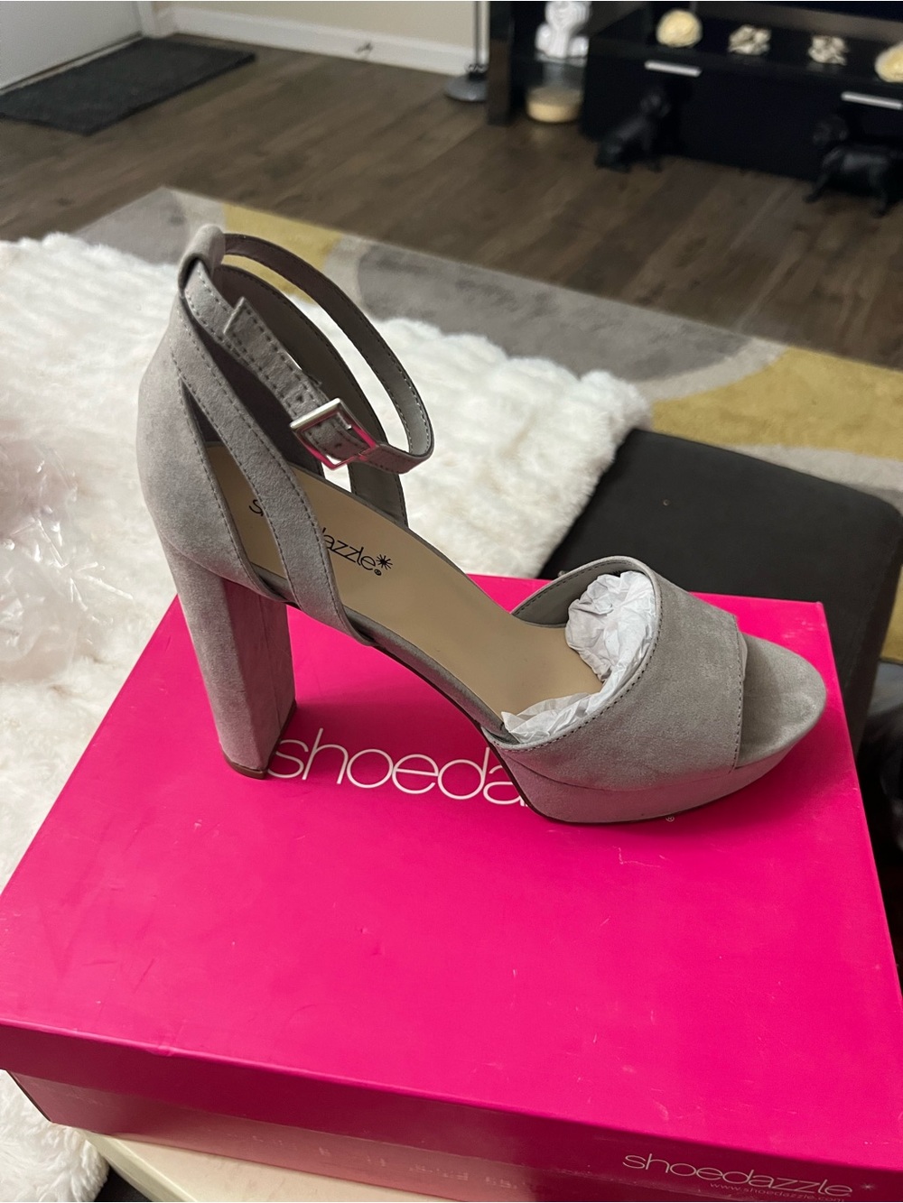 Shoe Dazzle Taupe Suede Ankle Strap Block Heels